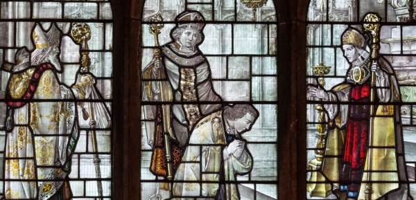 Partial shot of triptych stained glass window in Lady Chapel depicting Samuel Seabury’s consecration.