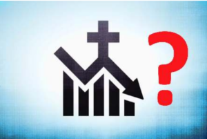 Graphic indicating a decline in numbers against a church background with a big red question mark against it