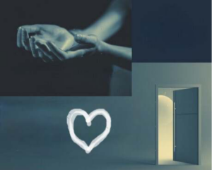 Graphics showing open hands as in prayer, a heart and an open door