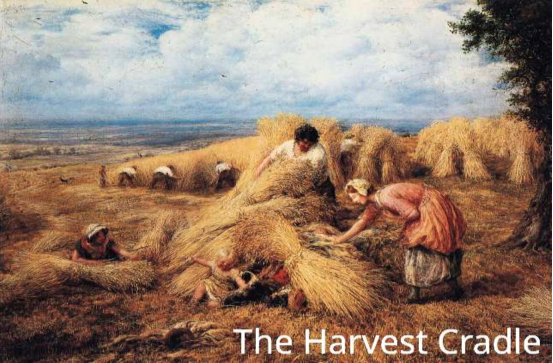 Photo showing painting by John Linnell, titled "The Harvest Cradle"